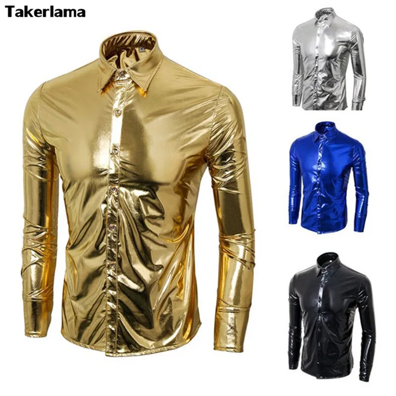 

Takerlama Fashion Trend Men's Nightclub Styles Metallic Long Sleeve Button Down Shirts Hot Party Shiny Long Sleeves Dress Shirts