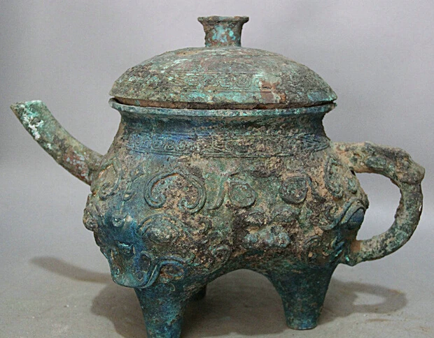 

wholesale factory 16" Old Ancient Chinese Bronze Beast handle vessel teapot Wine Tea Pot Flagon