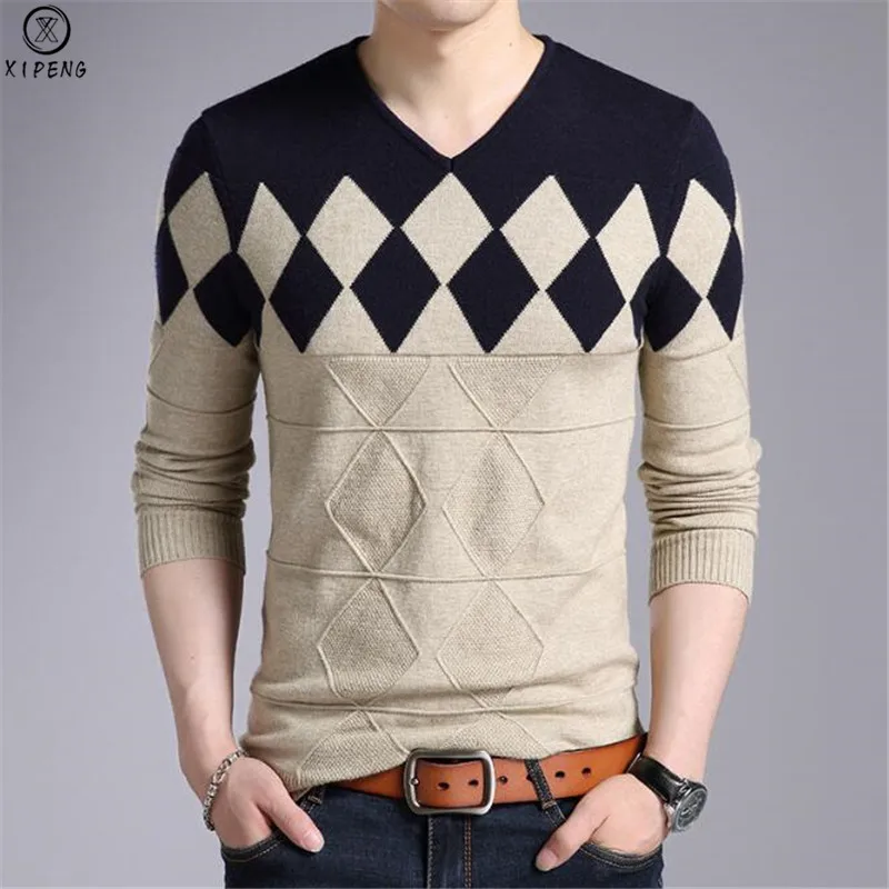 Cashmere Wool Sweater Men 2019 New Autumn Winter Slim Fit Pullovers Men Argyle Pattern V-Neck Pull Homme Christmas Sweaters