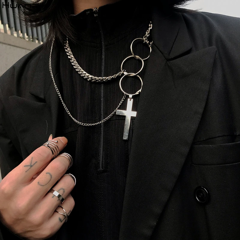 

HUANZHI 2019 Punk Cool Hiphop Double Layer Silver Metal Round Circle Chain Link Cross Pendant Necklace for Women Men Party
