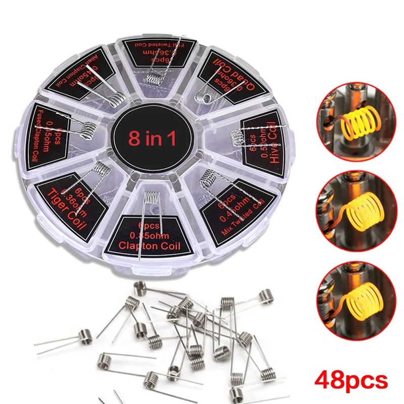 

8 in 1 48pcs Kanthal A1 Clapton Alien Tiger Flat Twisted Mix Twisted Hive Quad Fused Clapton Heating wire RDA RTA RBA jig coil