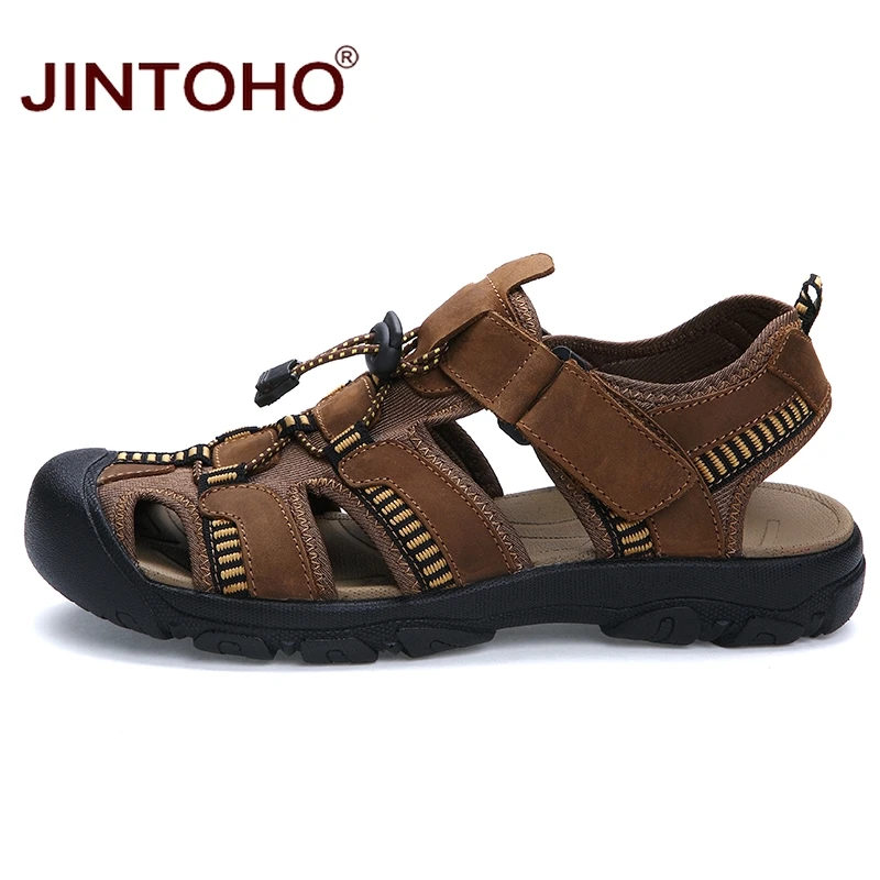 JINTOHO/Новинка; летняя пляжная обувь; мужские сандалии из натуральной кожи; модные мужские сандалии для прогулки ботинки для воды; обувь для верховой езды