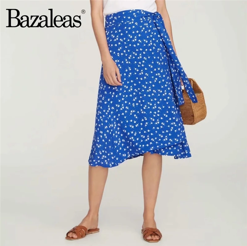 Bazaleas винтажная синяя юбка с цветочным принтом спереди, праздничная шифоновая юбка с бантом на талии, женские юбки с высокой талией, повседневная Прямая поставка