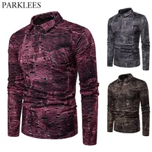 Модная Джинсовая рубашка поло с принтом и дырками, мужская рубашка, Ретро стиль, длинный рукав, цвет фуксия, красный, рубашки поло, облегающие, хиппи, Swag, рваные рубашки поло