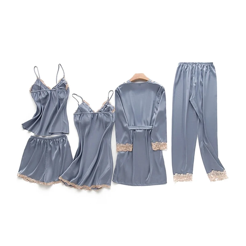 Gray Женское кружевное ночное белье, сексуальное нижнее белье Babydoll, 5 шт., костюм, летняя новинка, Женская домашняя одежда, тонкая сексуальная одежда для сна - Цвет: Gray