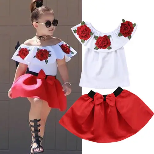 Girls Summer Clothes Off-Shoulder T-Shirt and Tutu Skirts Set