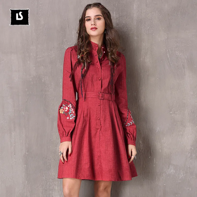

Cotton Linen Boho Dress 2018 Spring New Women Lantern Long sleeve Floral Embroidery Stand Collar School Casual Dresses w/belt