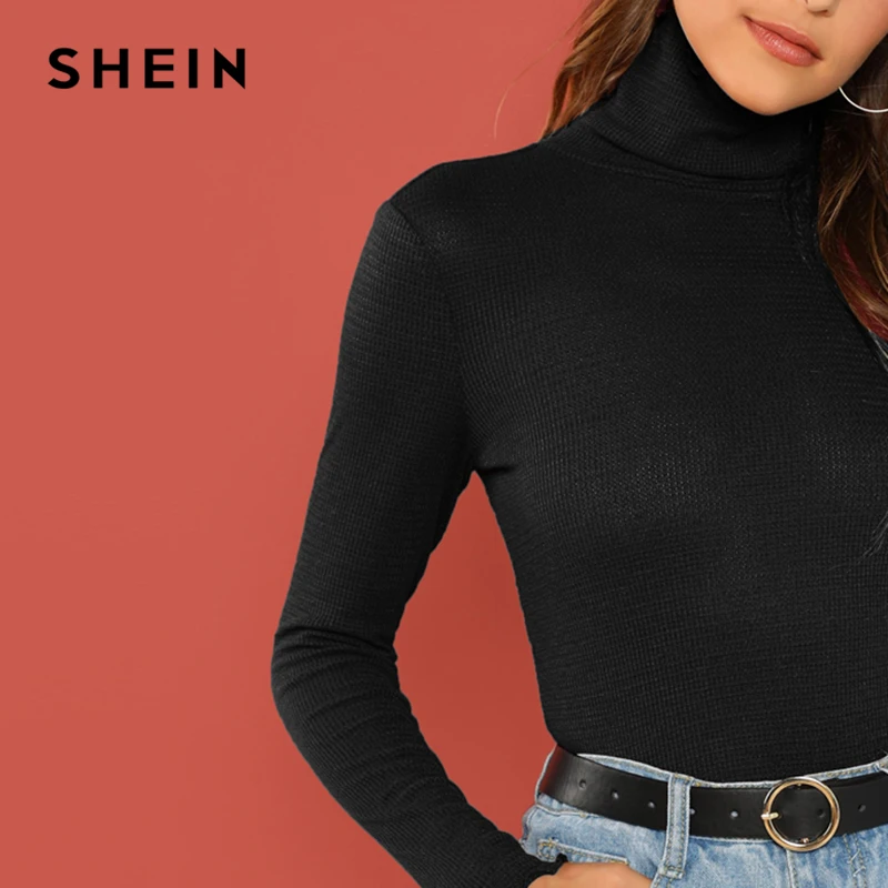 SHEIN Стильная Однотонная Водолазка Приталенный Топ С Длинным Рукавом