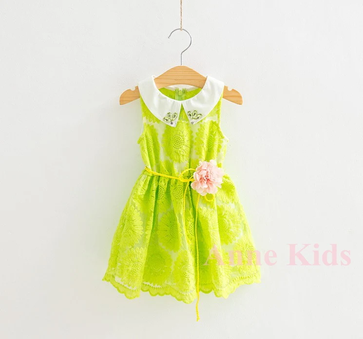 Летнее платье для девочек, детское Повседневное платье, платье для младенцев, кружевное платье с подсолнухами и поясом для детей 1-6 лет, 5 шт./партия - Цвет: Зеленый