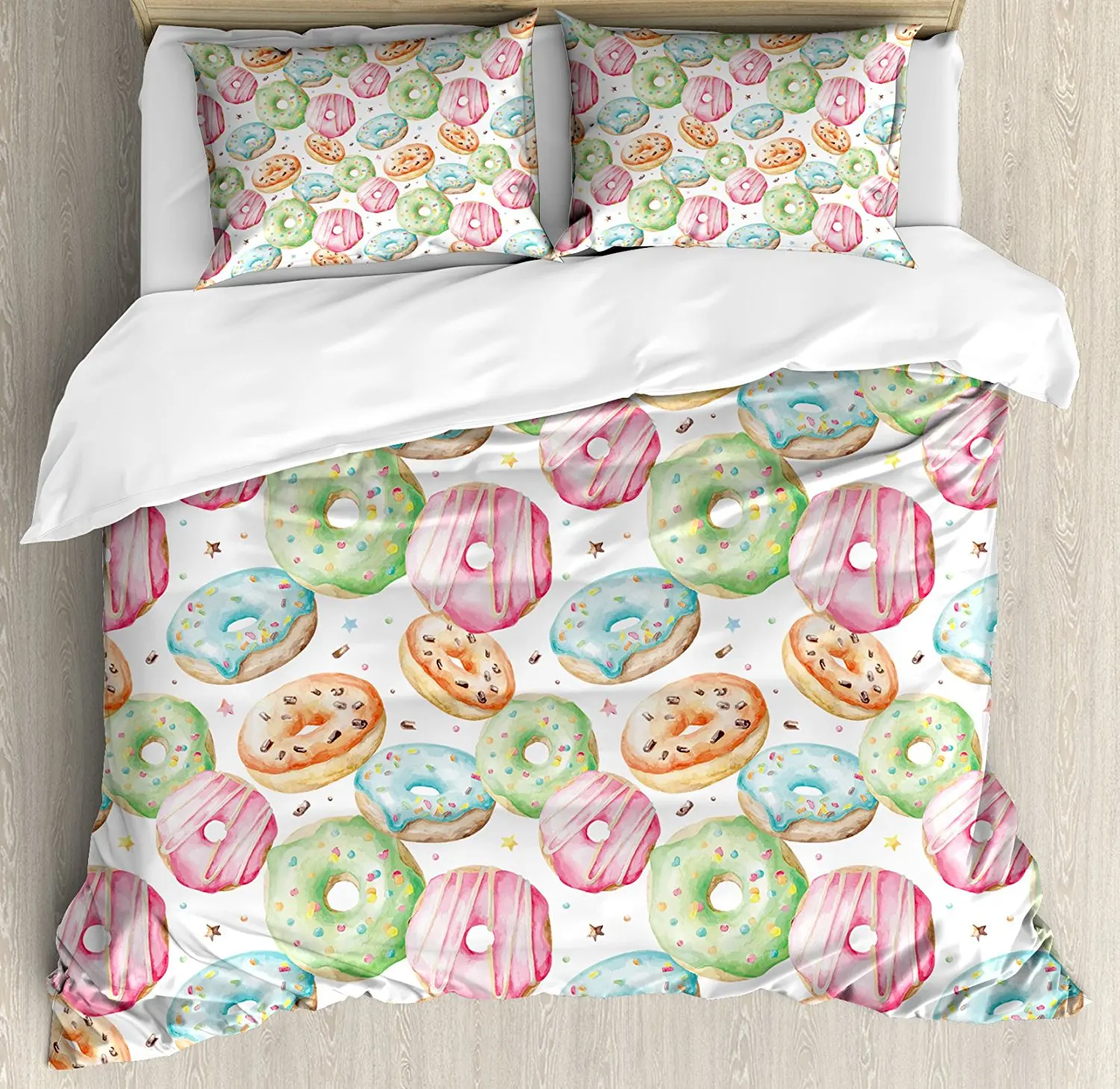 Watercolor Duvet Cover Set Queen Size Sweet Delicious Donuts Pattern