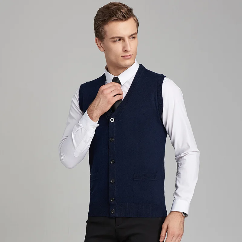 Sleeveless Men Vest Sweater Cardigan Business Casual Male Homme men Classic style FIt Fashion V-Neck Keep Warm Solid MOOWNUC MWC - Color: Navy