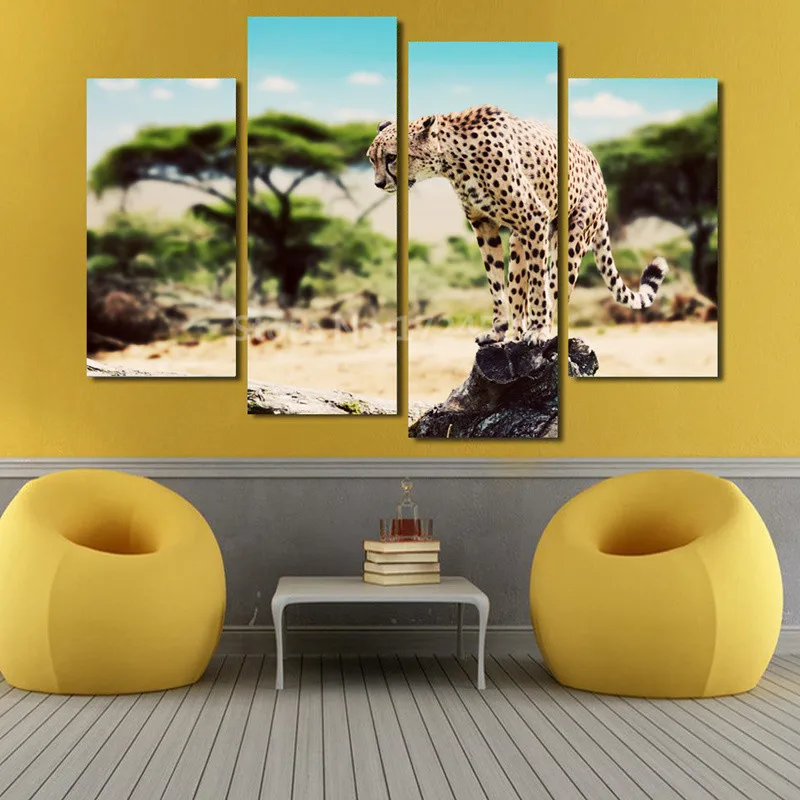 

2017 Unframed Cuadros Decoracion 4 Panels Ferocious Leopard Picture Canvas Painting Modern Wall Art Home Decor For Living Room