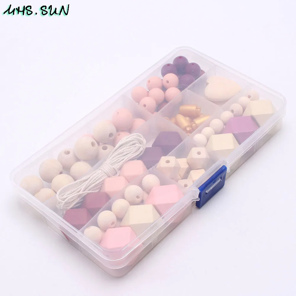 KT008 (3),$16.5. Silicone Teether Beads Set Making Necklace Pacifier Clip Kits Box Original Wood Beads Kids DIY Teething Jewelry ToyJPG