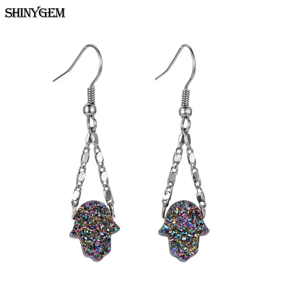 

ShinyGem Simple Design Hamsa Hand Dangle Earrings Rainbow Natural Crystal Fatima Hand Stainless Steel Dangle Earrings For Women