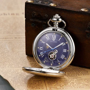 

OUYAWEI Fashion Mechanical Hand Wind Pocket Fob Watches Silver Blue Dial Mens Watch Full Steel Case Chain Ventage Pendant Clock