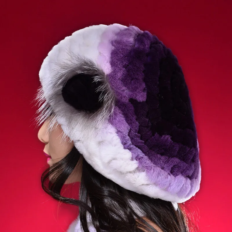 14601 вязаный Настоящий мех кролика шапка хорошего качества берет шапка популярный меховой цветок декоративный головной убор Головной убор - Цвет: C8 Purple with white