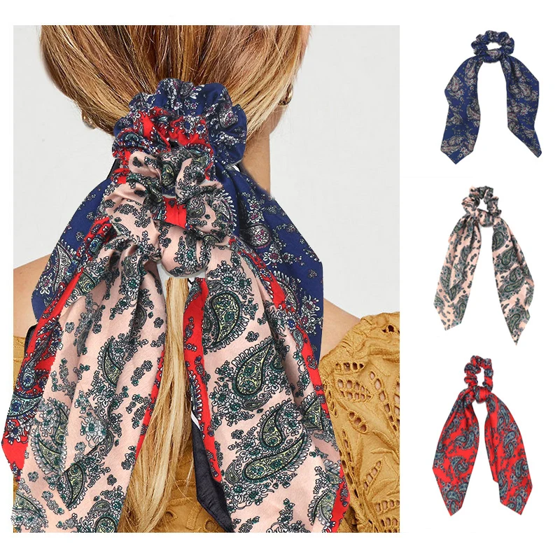 

Floral Print Scrunchie Women Ponytail Hair Scarf Elastic Bohemian Hairband Bow Girls Hair Ties Haar Accessoires gumki do wlosow