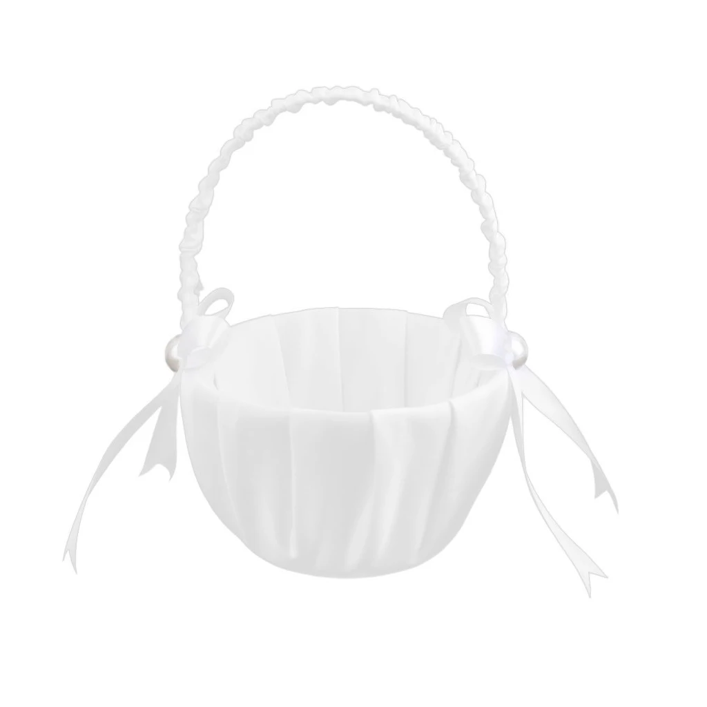 White Satin Beaded Wedding Flower Girl Basket Bowknot Decor