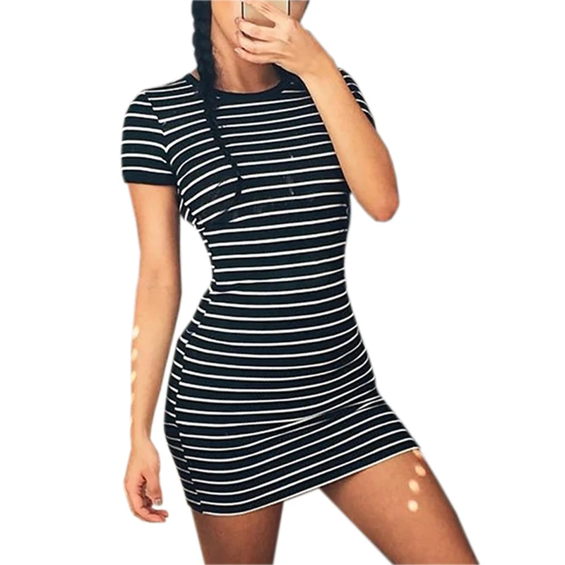 

Striped Drsss Slim Fit Shorts Sleeve O-neck Sexy Bodycon Mini Dress Casual Women Summer Dresses Black White Girls LX313