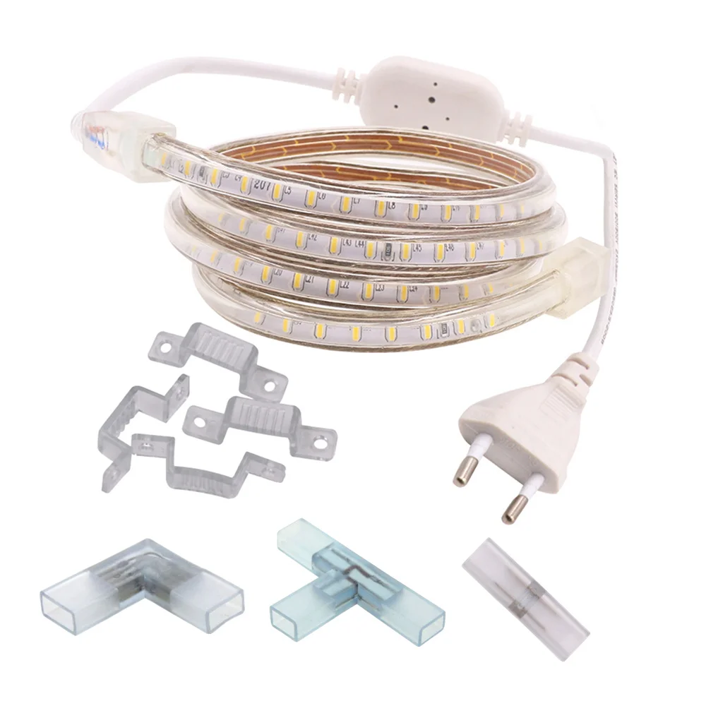 buy 220v 230v 240v led strip light 3014 waterproof IP67 white 6500k warm white blue tape outdoor rope power plug connector dimmable