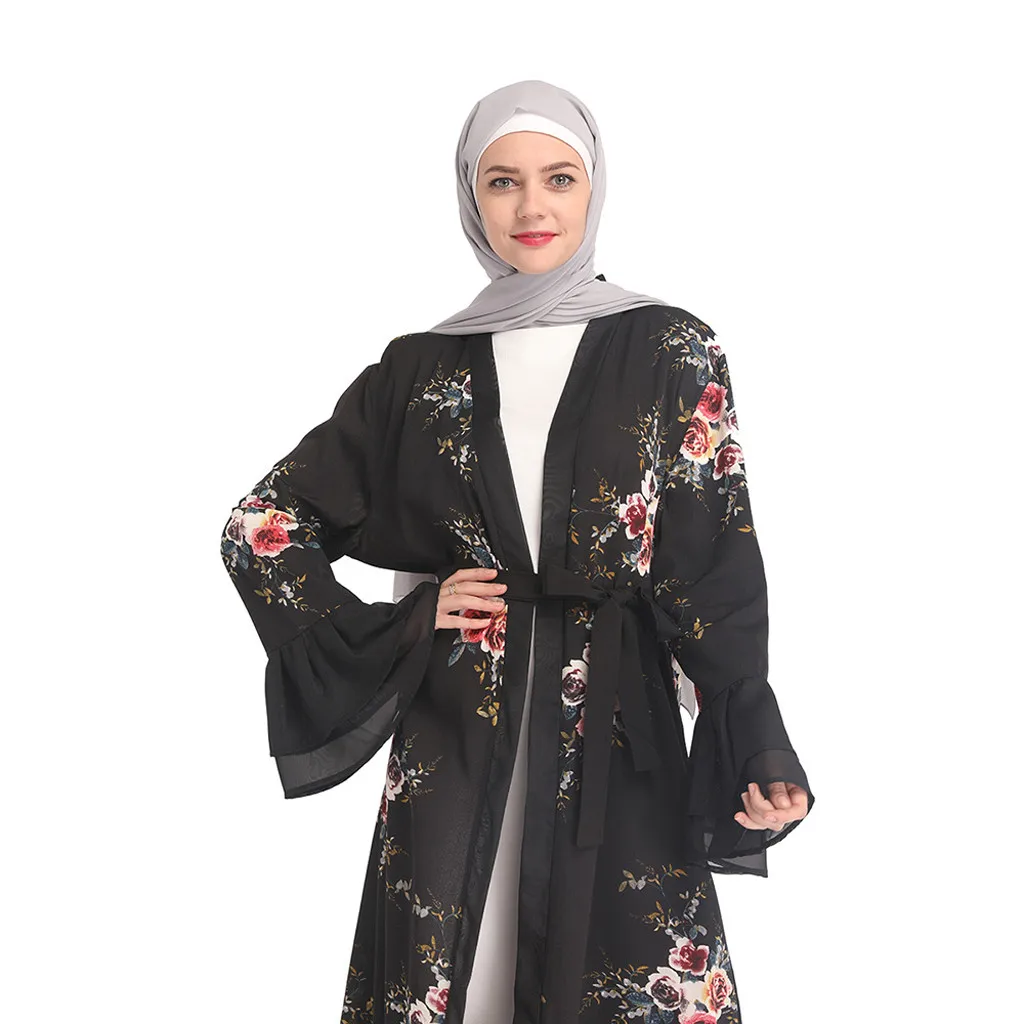 Muslim Abaya Floral Maxi Dress Cardigan FLowers Skirt printed Long Robes Tunic Middle East Ramadan Islamic Clothing black 4.13