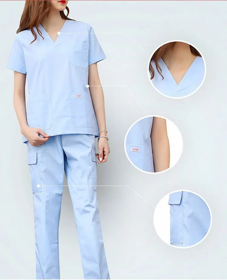 V шеи короткий рукав Для женщин работы топы, штаны наборы скрабов больницы врач хирургической медсестры костюм для стоматологической клиники медицинская форма медсестры