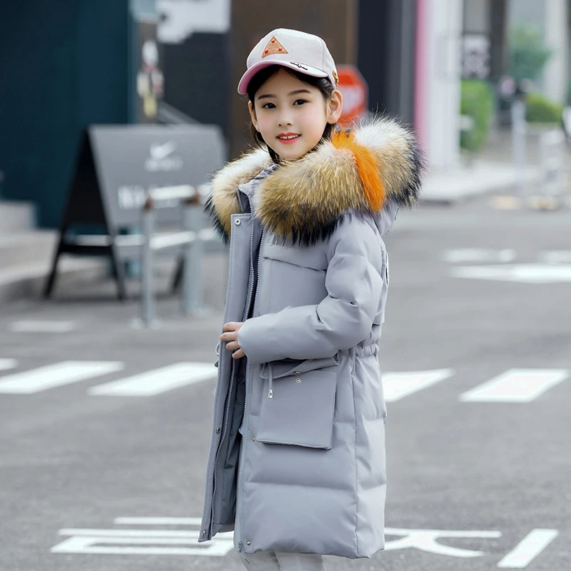 

-30 Degree Kids Winter Coat Letters Kids Snowsuit Long Girls Down Parkas Duck Down Large Fur Collar Children Outwear Coats Z413
