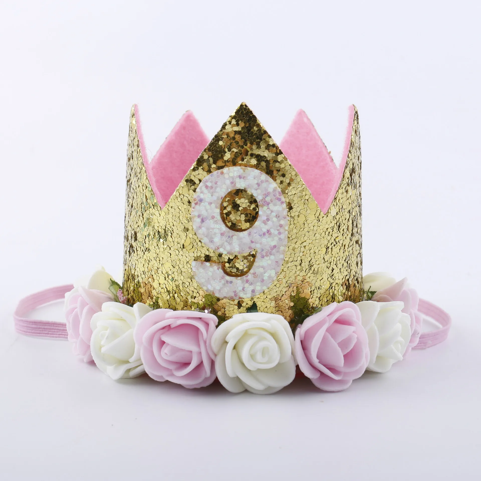 Для маленьких девочек Шляпы для вечеринки по случаю Дня рождения детей 1, 2, 3, 4, 5, 6, 7, 8, 9 лет рождения Принцесса Корона кепки вечерние украшения Детские сувениры повязка на голову - Цвет: 9 pink white