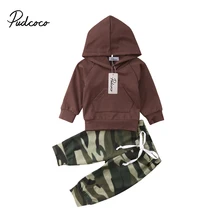 Новинка года; брендовые комплекты одежды для новорожденных девочек и мальчиков комплект из 2 предметов; толстовки с капюшоном и карманами и длинными рукавами Топы; брюки с камуфляжным принтом