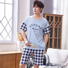Большие размеры 3XL хлопок пижамы мужские пижамы hombre с коротким рукавом буквы Топы+ клетчатые короткие брюки Повседневный Спортивный костюм Мужская домашняя одежда