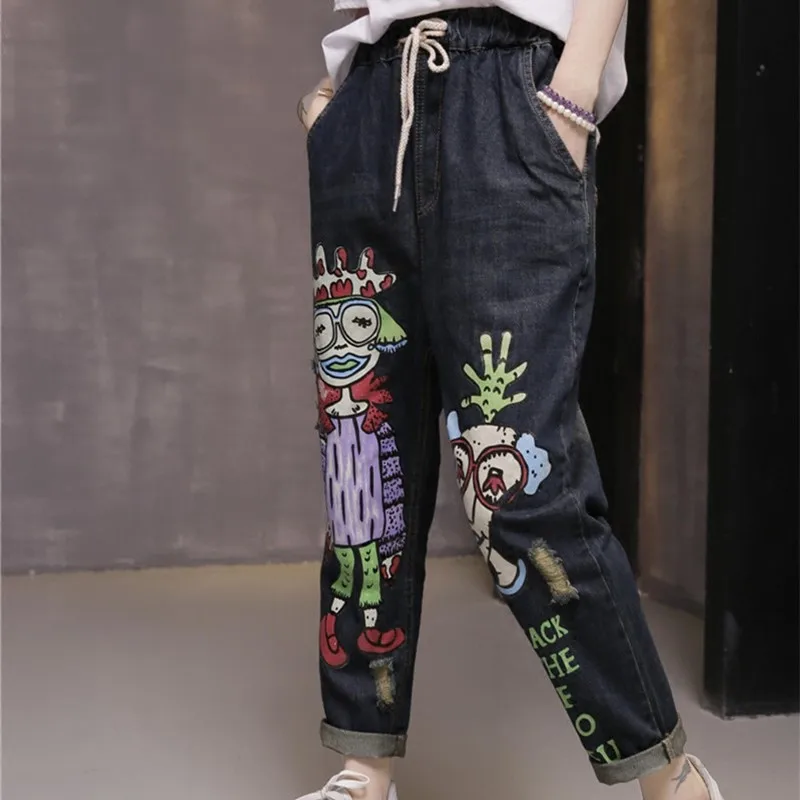 Spring Funny Pattern Jeans Big Size Elastic Waist Jeans Women Haren