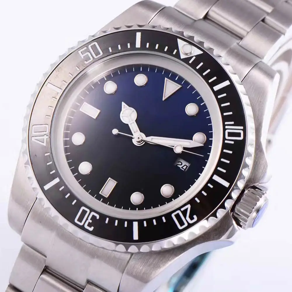 

wristwatch automatic men watch 44mm black and blue dial Japan miyota movement date silver case and steel strap A-2