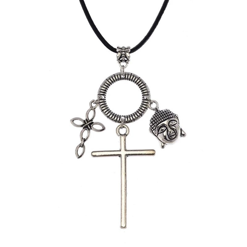 1pcs Antique Silver Buddha Heads Cross Necklace For Women Vintage