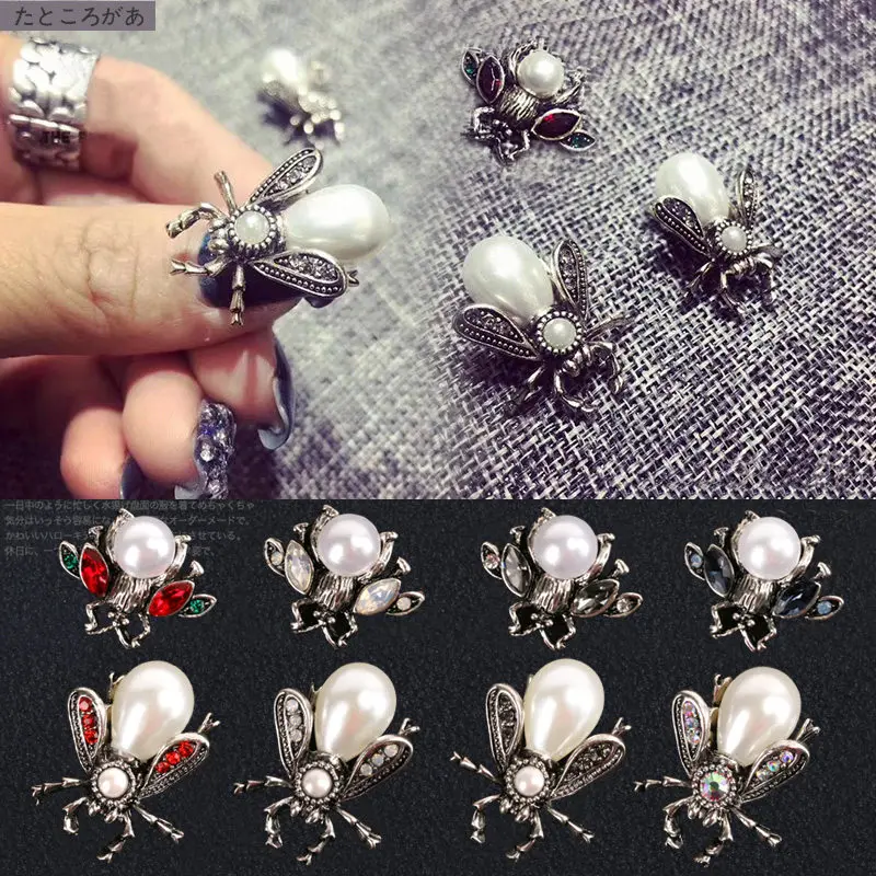 

Top-level 10pcs/lot Alloy Glitter pearl Rhinestone Nail Art Decoration Studs Bee design Nail Charm 3D DIY Metal Nail