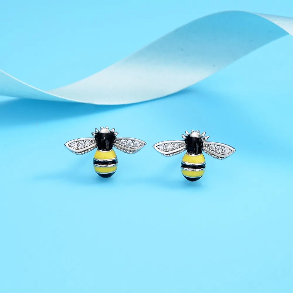 

Tuliper Chic 925 Sterling Silver Yellow Enamel Bee Earrings Cubic Zircon Earrings For Party Daily Jewelry Gift