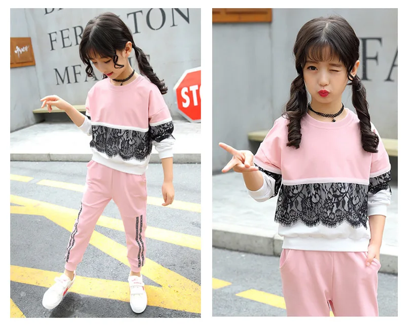 spring girls lace clothing sets kids clothes tracksuits sport suit (4)
