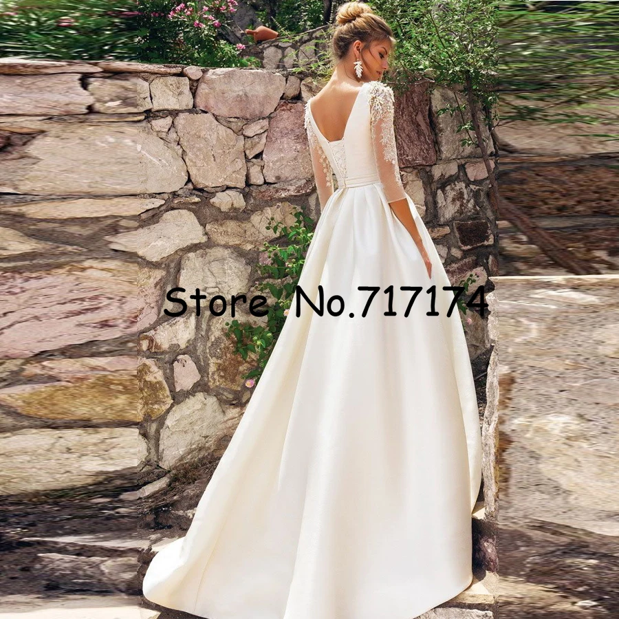 Свадебное платье трапециевидной формы из атласа с круглым вырезом, 3/4 рукавами, аппликацией из бисера, с поясом со складками, со шлейфом, на шнуровке, высокое качество, свадебное платье