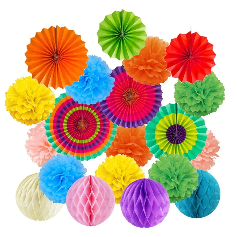 

Hanging Paper Fan Set Tissue Paper Pom Poms Flower Fan and Honeycomb Balls for Birthday Baby Shower Wedding Festival Decorations