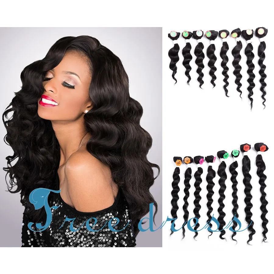 

8pcs/set Mediem Length Black color Deep Loose wavy Blended hair weft extensions for sew in weaving hair weft