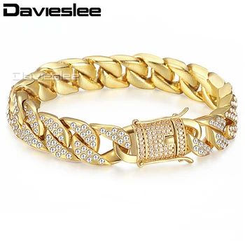 

Davieslee Gold Bracelet For Men Miami Curb Cuban Link Chain Bracelets Iced Out Men's Jewelry Dropshipping 14mm LGB409