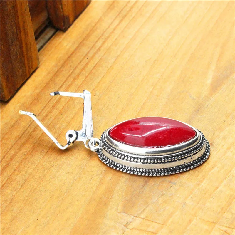 Double Layer Rhombus Red Stone Set Retro Necklace Earrings For Women Antique Silver Plated Fashion Jewelry|Ювелирные наборы| |