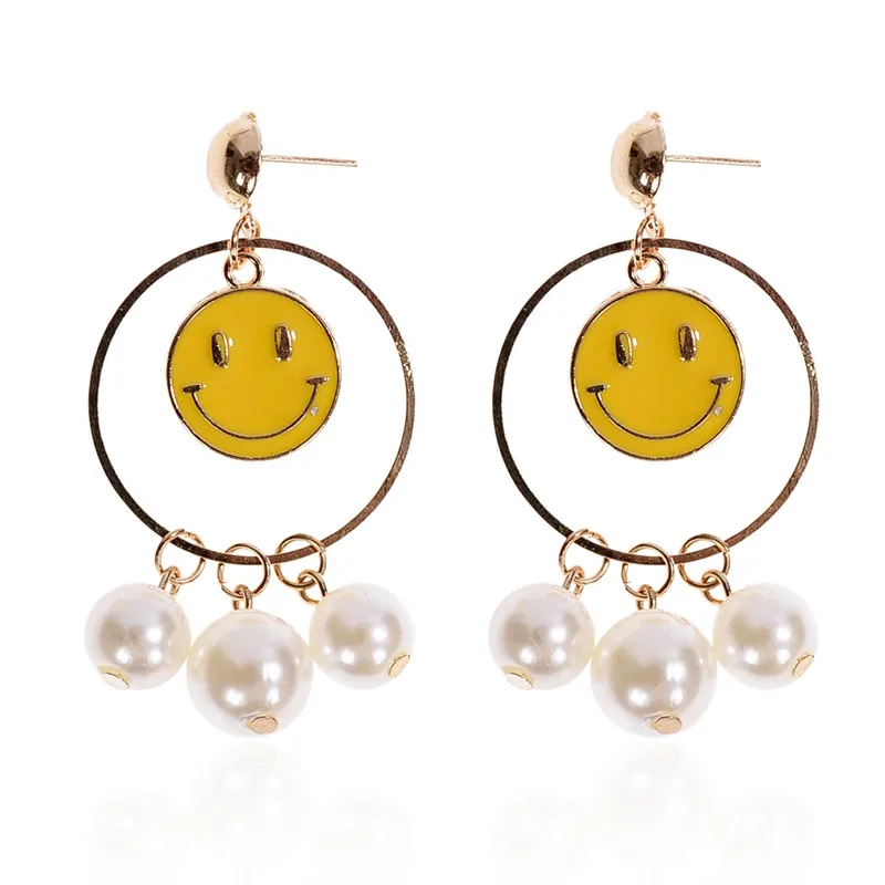 New Smile Face Simulated Pearl Dangle Earrings for Girls Lovely Round