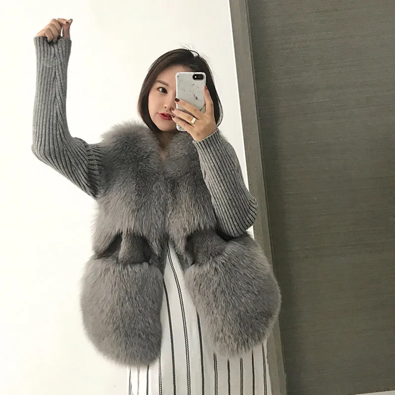 Manteau 2018 brown Hiver Gilet Beige lotus Réel dark Véritable light green Fourrure black Chaud De Femme Nouvelle dark Fox Brown Grey Grey zz1qwr