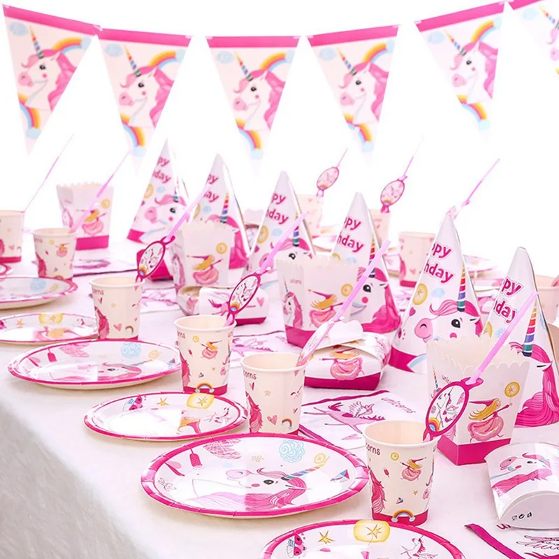 

Unicorn Party Kits 1st Birthday Unicorn Headband Paper Cups/Plates/Napkin Birthday Decorations Kids Baby Shower Party Supplies