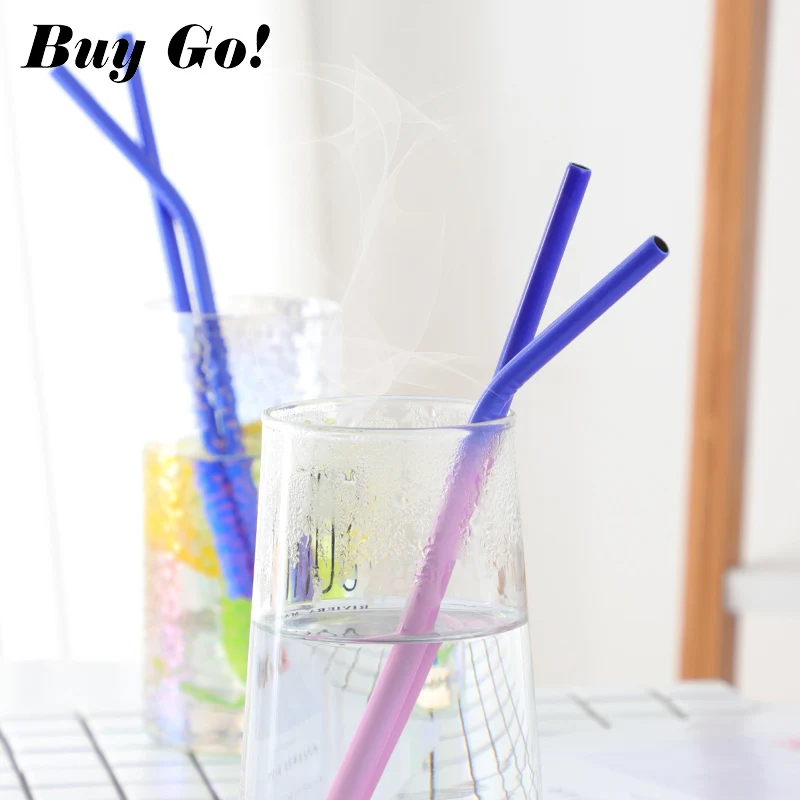New Color Changing Stainless Steel Induction Temperature Straws Reusable Metal Bent Straight Drinking with Cleaner Brush | Дом и сад