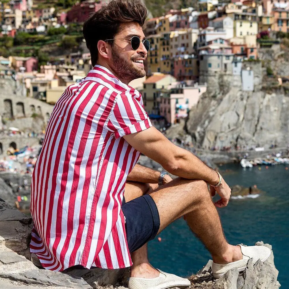 2019 Men Fashion Short Sleeve Regular Fit Button Down Shirt Casual Vertical Striped Shirt Stylish Formal Casual Shirt Top