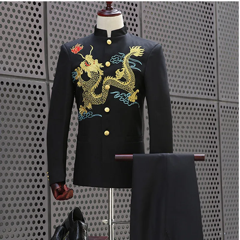 (jacket+pants) Men suits Chinese style Costume Studio black white embroidered tunic youth dress suit Male Wedding groom clothing (jacket+pants) Men suits Chinese style Costume Studio black white embroidered tunic youth dress suit Male Wedding groom clothing