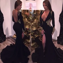 Tiefem v-ausschnitt schwarz abendkleider perlen gold kristall meerjungfrau mit langen ärmeln prom backless kleid vestidos de festa