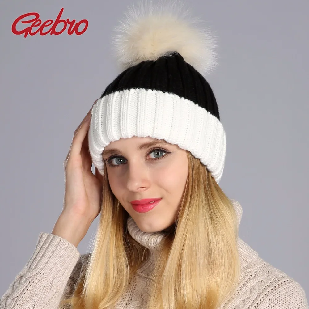 Geebro Winter Women's Beanie Hat Casual Knitted Patchwork Skullies