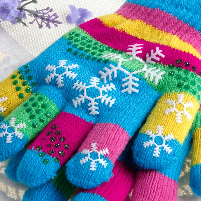 Autumn Winter Children Bilayer Thickened Snow Print Colored Yarn Knit Gloves
